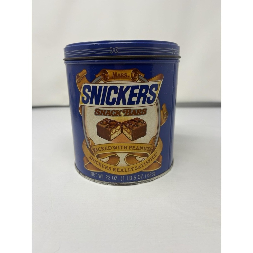 Vintage 1987 Snickers Candy Tin Blue Metal Snack Bars Container Retro Granny
